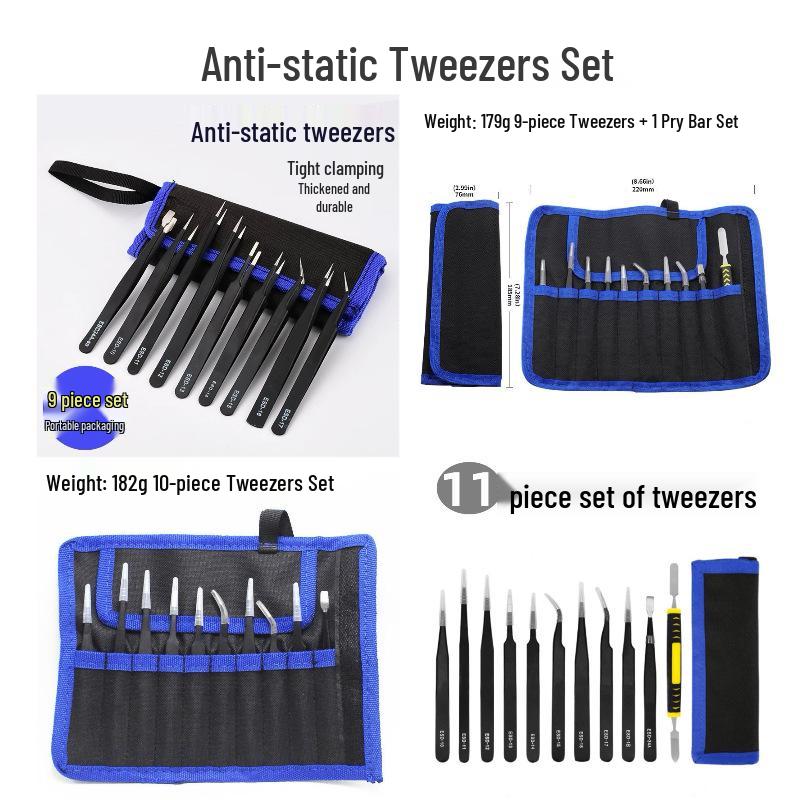 Anti-Static Stainless Steel Tweezers Set for Mobile Phone Repair - 11 Pieces