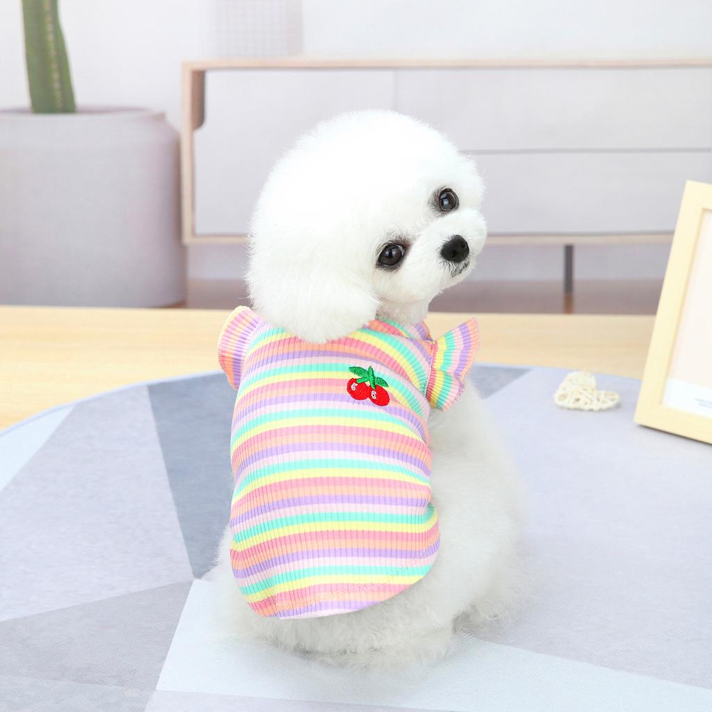 Dog Clothes Summer Thin Small Dog Teddy Princess Dress Suspender Bichon Frize Cat Color Strip Embroidered Cherry