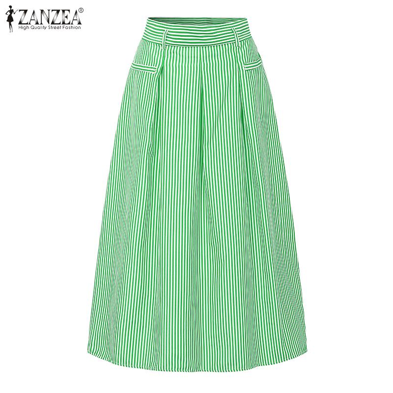 ZANZEA Elegant Women Striped Zipper Casual Long Swing Skirts