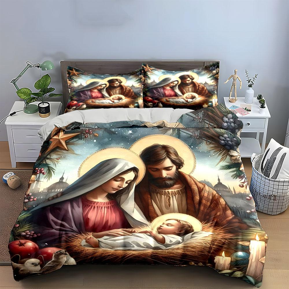 Nativity Scene Christmas Decoration Set  Kid'S And Adults' Bedroom Decor, Exquisite Three-Piece Bedding Set Gift