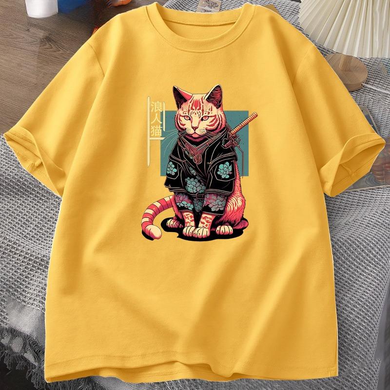 Japanese Samurai Cat Tattoo Graphic T Shirt Kawaii Ninja Cat TShirt Print Cotton Short Sleeve Tshirt Unisex Clothing Top Camisetas