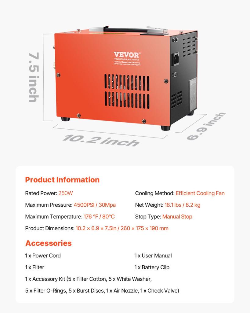 VEVOR PCP Air Compressor, 4500PSI/30Mpa Portable PCP Airgun Compressor with Built-in Converter & Fan Cooling System
