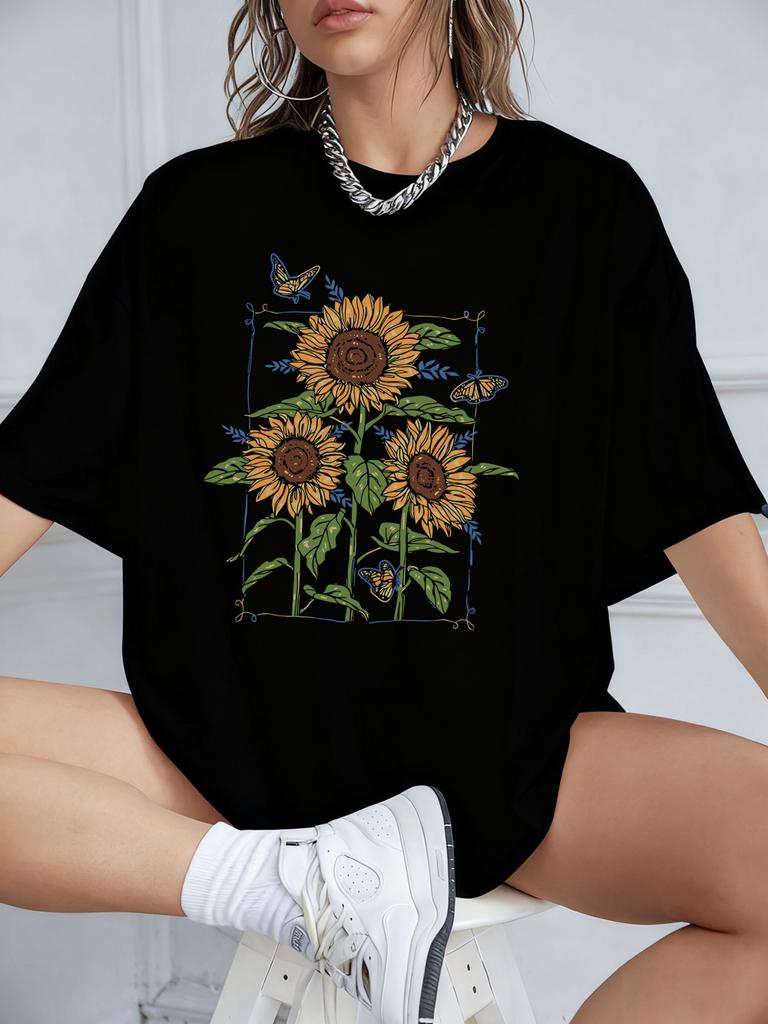 Sunflower Oil Printing Prints TShirts Womens Summer Cotton Short Sleeve T Shirt Loose ONeck Comfortable Tops Casual Clothes