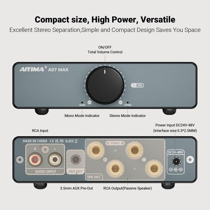 AIYIMA A07 MAX HIFI Power Amplifier, 2-Channel, TPA3255 Class D, 300W x2, 600W Bridged, with Power Adapter
