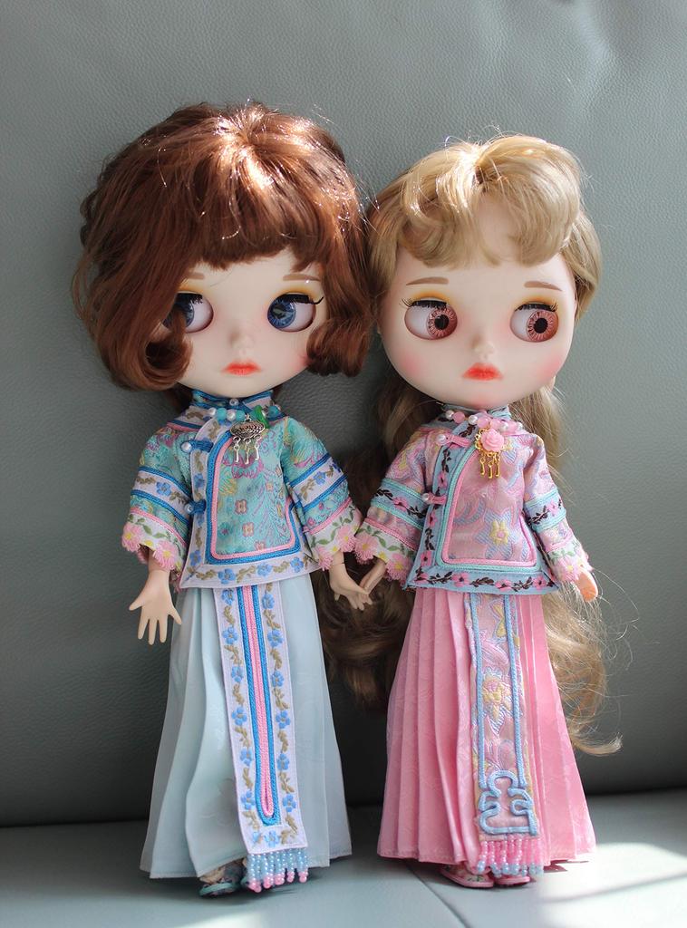Dolly Para Blythe Costume OB24 Pink Chinese Dress Floral Embroidery Azone Obitsu Compatible