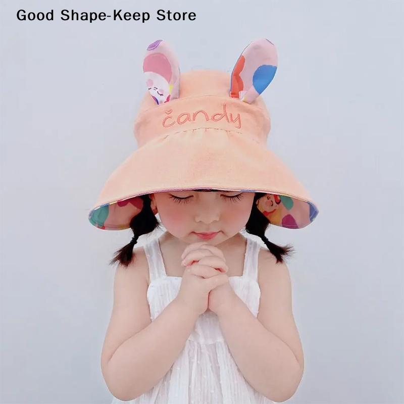 Large Eaves Double-sided Empty Top Hat Children's Sunscreen Hat Summer Boys Girls Cute Rabbit Sun Shade Hat