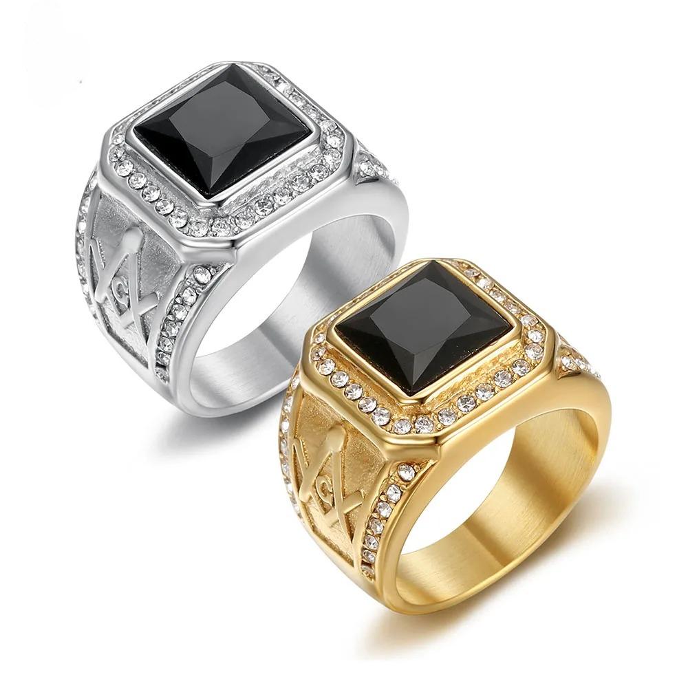 Stainless Steel Ring Vintage Gold Color Rhinestone Male Hiphop Rock Man Women Retro Free Mason Freemasonry Masonic Jewelry