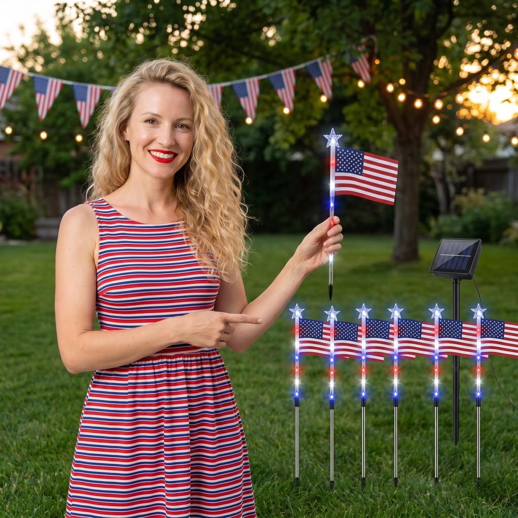 8 Pack Solar American Flag Stake Lights With 8 Modes - Patriotic Red Blue LED Outdoor Yard Garden Decorations For 4th