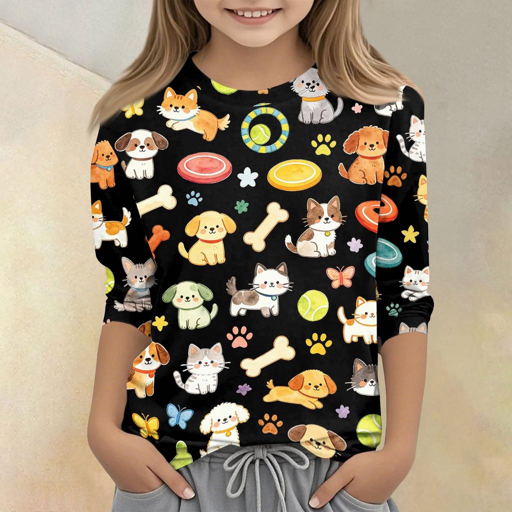 Kinder Tierdruck Rundhals Dreiviertelarm Lässiges T-Shirt Weicher Bequemer Stoff Geeignet für den Alltag und Spielzeit