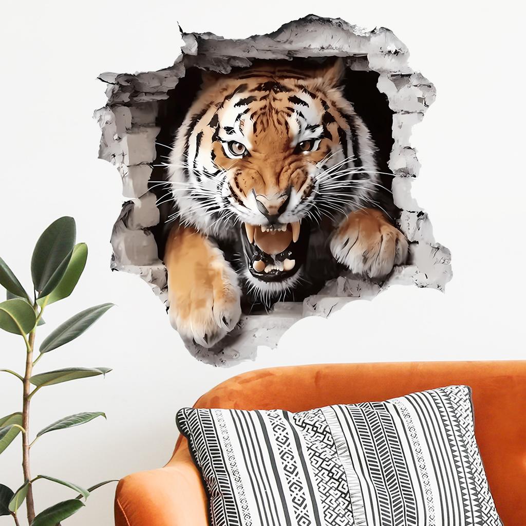 Faux Tiger Breaking Through Wall Children's Bedroom Entrance Hall Home Decor Self-Adhesive Wall Decal