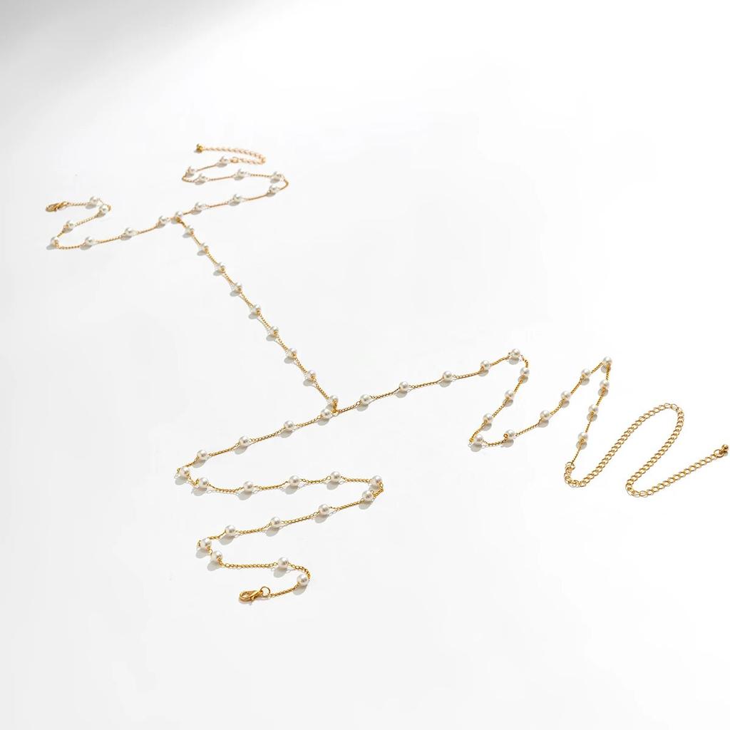 IngeSight.Z Schlichte, mit Perlen besetzte Kreuz-Bikini-Brustketten für Damen, sexy Sommer-Strand-Taillen-Bauchketten, Körperschmuck