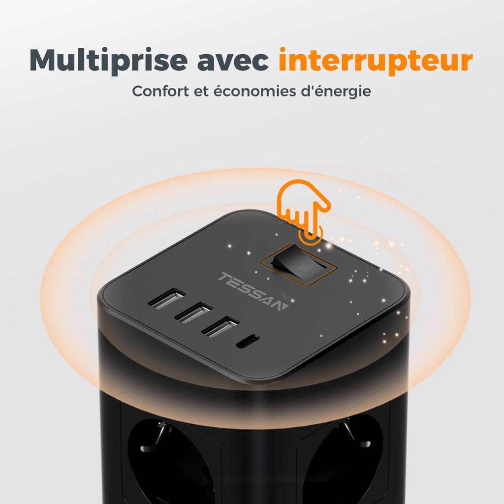 TESSAN Tower 8 Way Outlets Socket Multi Power Strip Vertical 2m Extension Cord EU Plug with 3 USB-A USB-C Surge Protector Switch