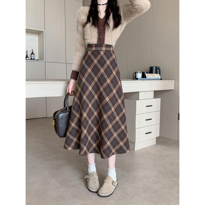 Korean Wool Plaid Midi Skirt: High-Waisted, Plus Size, Slimming A-line - Winter 2026