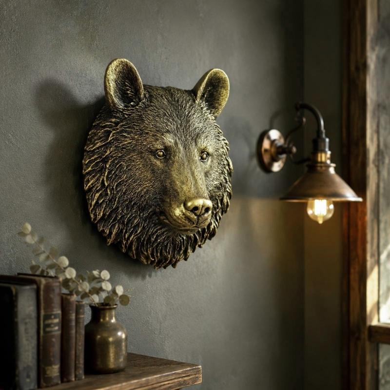 Entryway Wall Decors Bear Head Sculpture With Resin Construction, Antique Metallic Finish and Realistic Furs Texture for Indoor Accent Wall