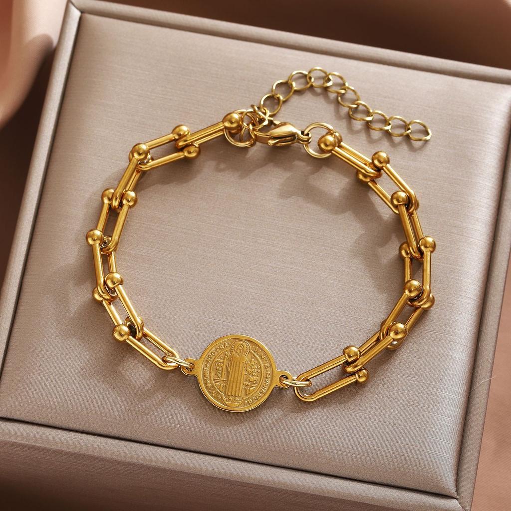 Trendy Gift Saint Benedict Cross Religious Electroplated Stainless Steel U-shaped Horseshoe Buckle Adjustable Bracelet