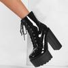 Eilyken Punk Style Platform Patent Leather T-tied Women Ankle Boots Autumn Winter Round Toe Square High Heels Shoes