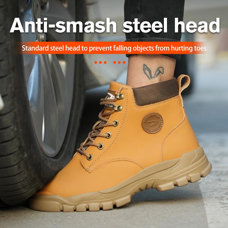 Fashion Mens Steel Toe Safety Boots Waterproof Leather Work Shoes Protective Work Boots High Top Safety Shoes Man Labor Protection Shoes