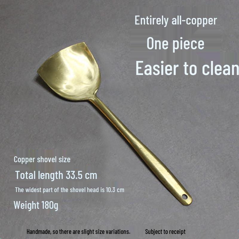 Handcrafted Brass Wok Spatula & Copper Spoon Set with Wooden Handles, Uncoated Raw Brass Utensils for Household Use