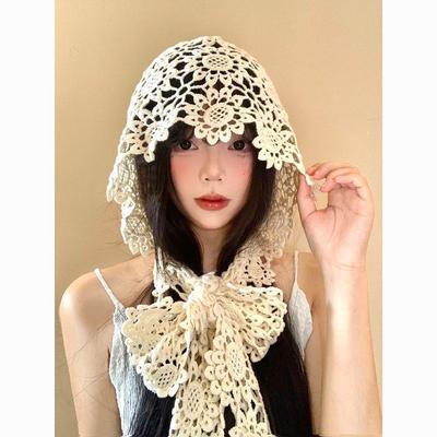 Korean Style Crochet Lace Knit Shawl with Hat - Women's Fashionable Travel Sun Protection Accessory