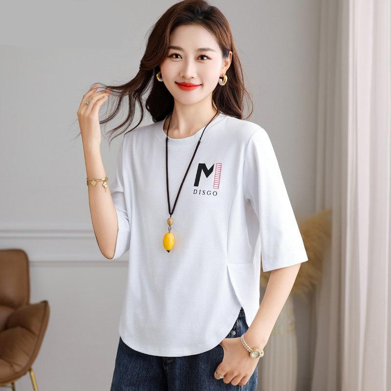 High-quality pure cotton medium-sleeved top women's seven-quarter-sleeved high-end summer thin loose women's short-sleeved t-shirt bottoming shirt