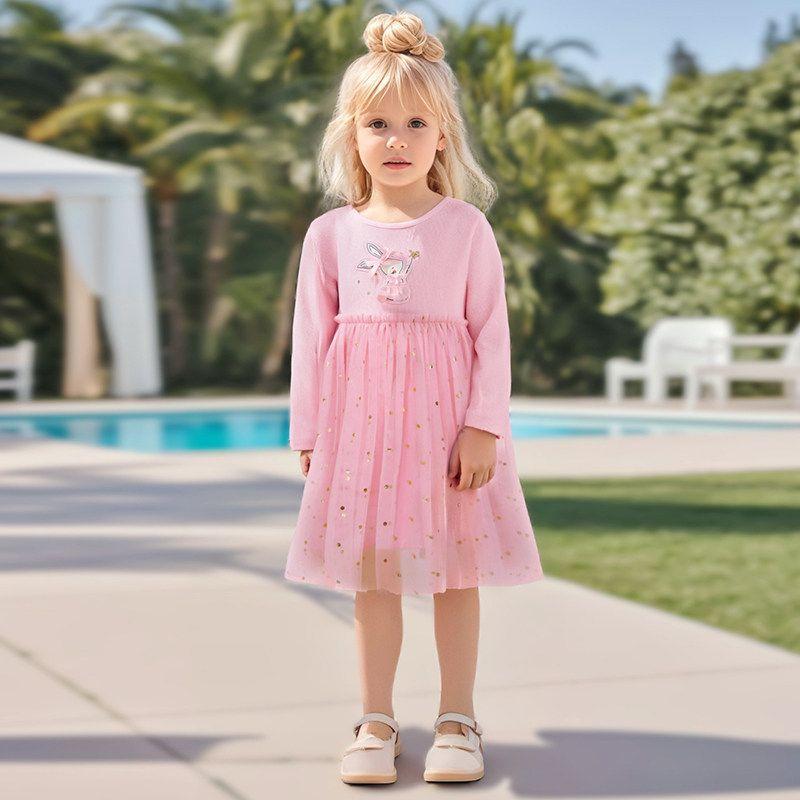 Spring and Autumn girl pure cotton Threaded Pink Dress Baby Princess Dress kids Children's Long sleeves Dress