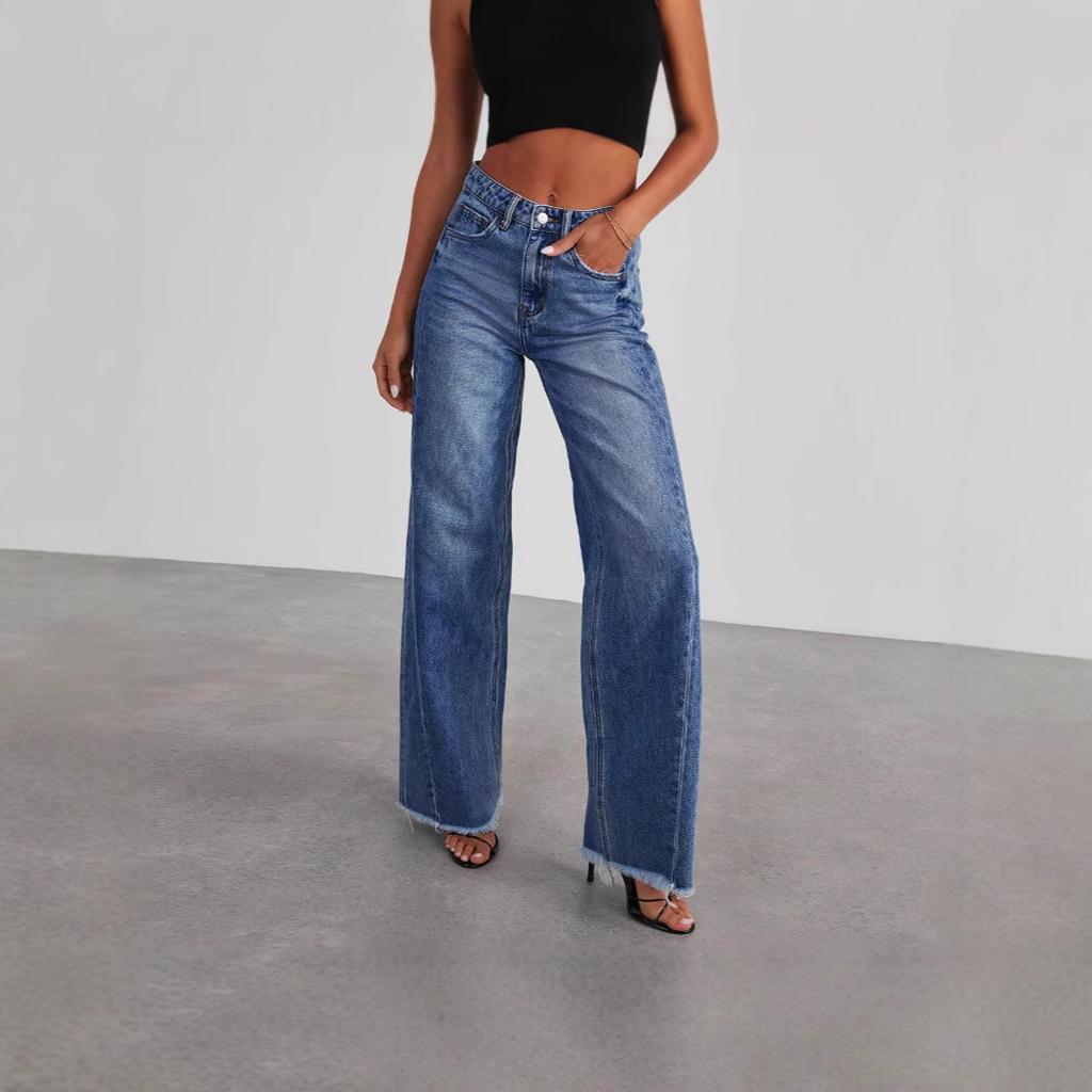 Neue Damen Vintage Gewaschene Gerade Bein Jeans, Lockere Passform Breite Beine Bodenlange Denim Hosen für Lässige Streetwear