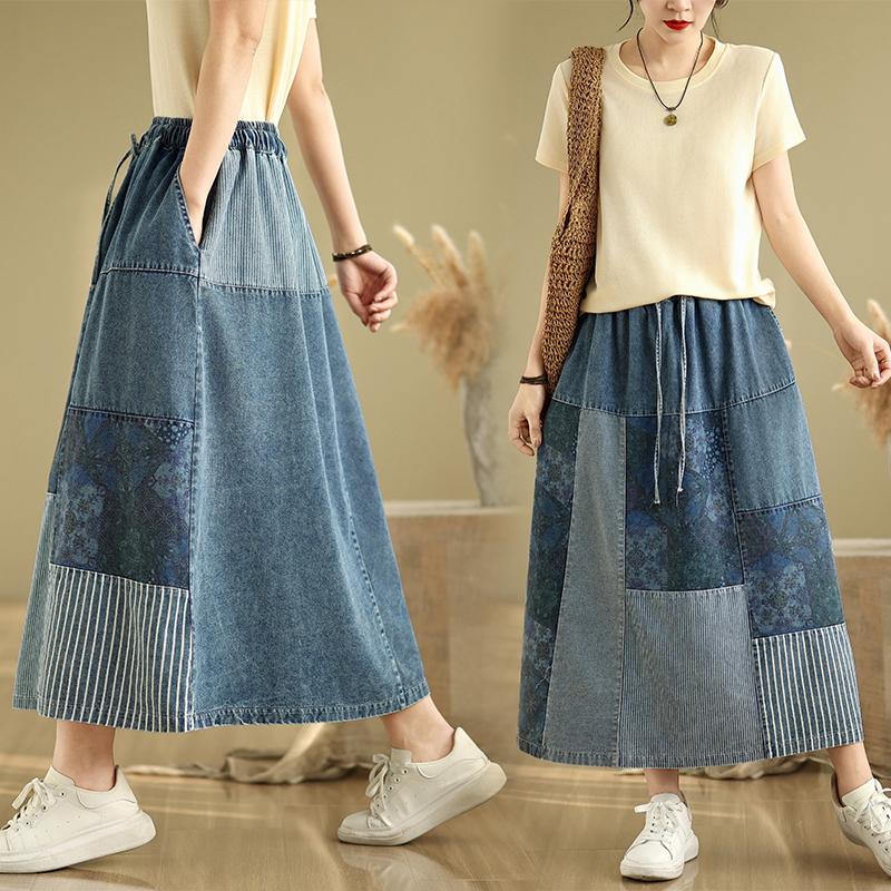 Plus Size Summer Denim Skirts Women Clothing Blue Elastic Vintage A-Line Jeans Skirt High Waist