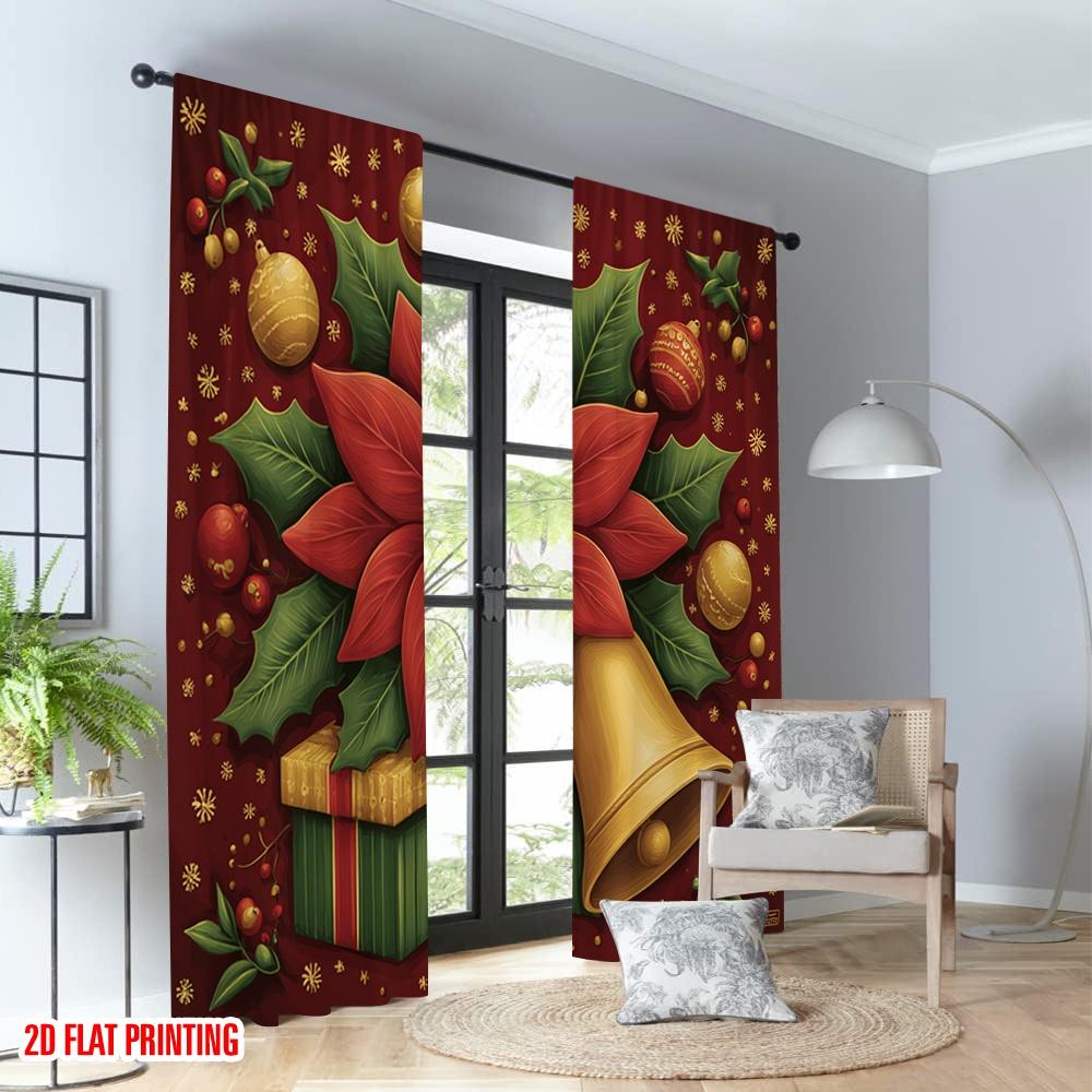 2pcs 2D flat printing Christmas Party Curtains Christmas Poinsettia Holly Ornaments Digital Printed Polyester Drapes Festive
