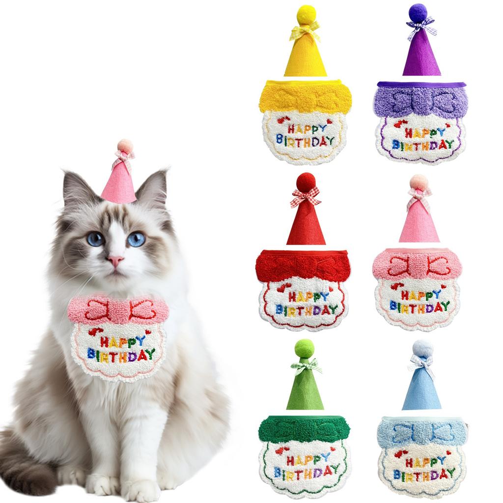 Cat Birthday Costume Dog Birthday Decoration Bib Pet Birthday Hat Set Scarf Bib