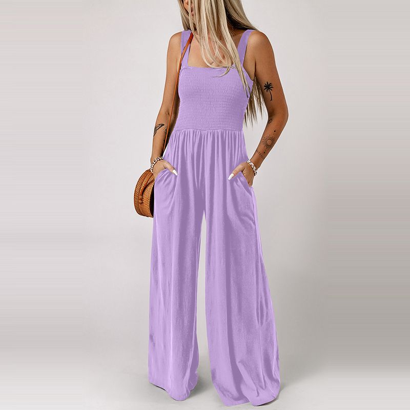 2024 Summer New Arrival Black Square Collar Smocking Jumpsuit Women European and American Leisure Slim Looking Suspenders Loose Pants Women