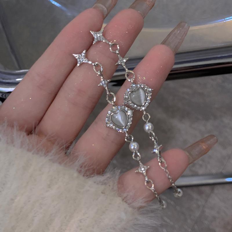 Korean Y2K Star Heart Tassel Earrings Zircon Cross Star Love Opal Drop Earring Elegant Aesthetic Rhinestone Heart Dangle Earring