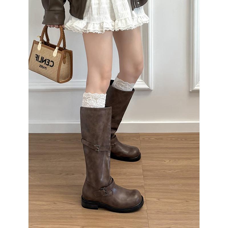 Cowhide Version~ Genuine Leather Boots Thick-soled Round Head Retro Belt Buckle Boots Women's Autumn and Winter Medium and High Boots Knight Boots