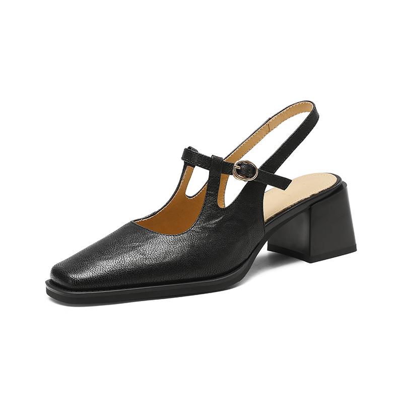 Fashion 2025 New Top Quality Genuine Leather Women Sandals Vintage T-Strap Square Toe Thick Heels Shoes Woman Summer Office Ladies Pumps
