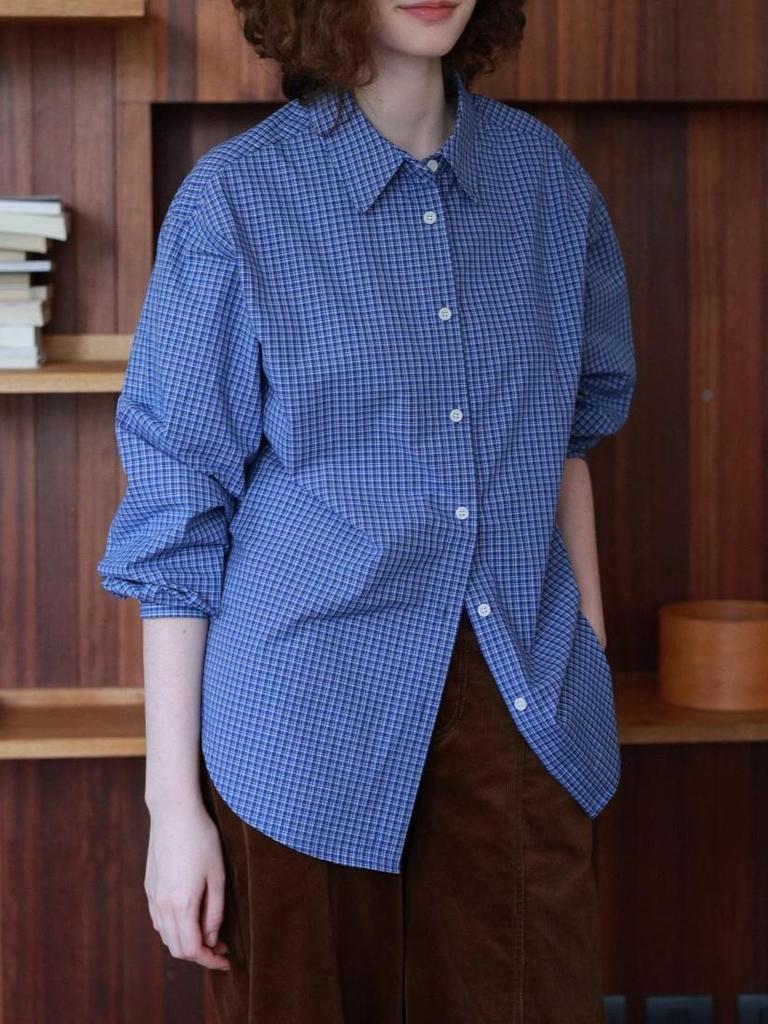 Miu Style Classic French Retro Blue Plaid Long-Sleeve Shirt for Spring and Autumn