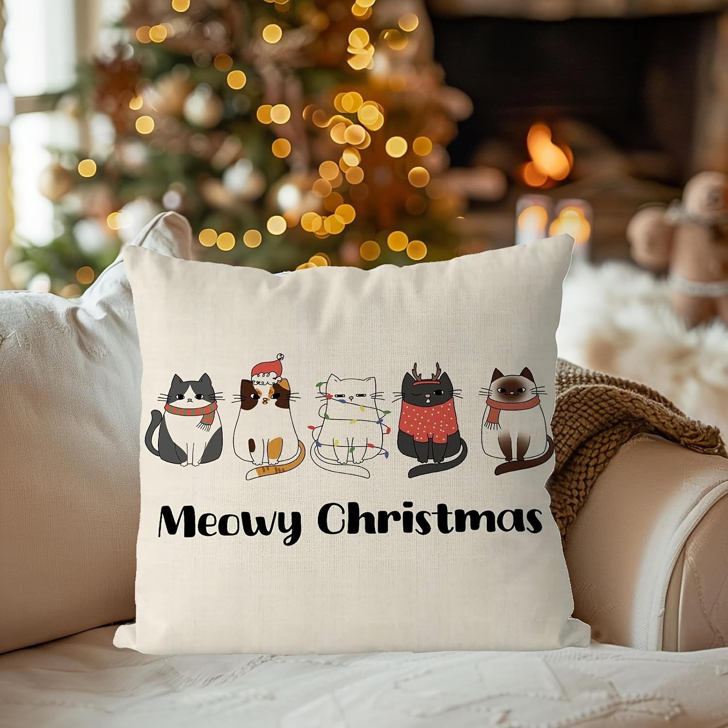 

1pc Christmas Cat Themed Throw Pillow Cover, Meowy Christmas Funny Feline Pattern, Chic Home Accent & Gift for Cat Lovers 18x18Inch