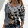 Women Casual Tops Cross V-Neck Buttons Printing Long Sleeve Sweaters Blouse
