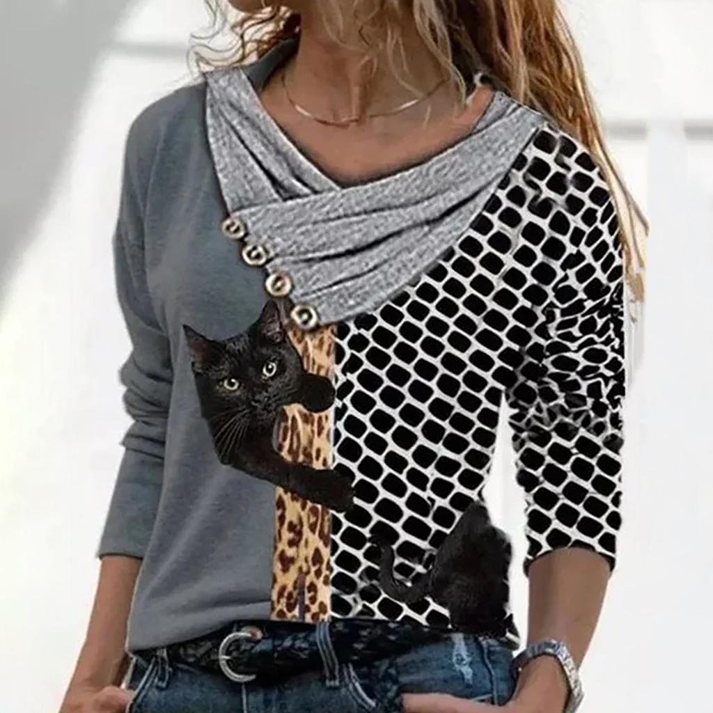 Women Casual Tops Cross V-Neck Buttons Printing Long Sleeve Sweaters Blouse