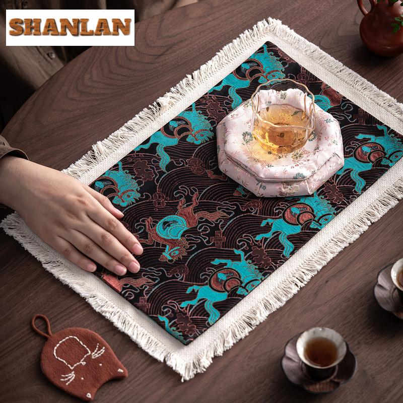 Brocade Embroidery Horse Tea Table Mats Zen Bowl Pot Mat Drink Coaster Household Dinner Table Cloth Mat Teaware Collection Craft