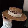 Spring Summer Vintage Hollow Out Flat Top Straw Hat Woman Sun Protection Vacation Beach Hat