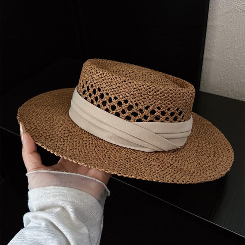 Spring Summer Vintage Hollow Out Flat Top Straw Hat Woman Sun Protection Vacation Beach Hat