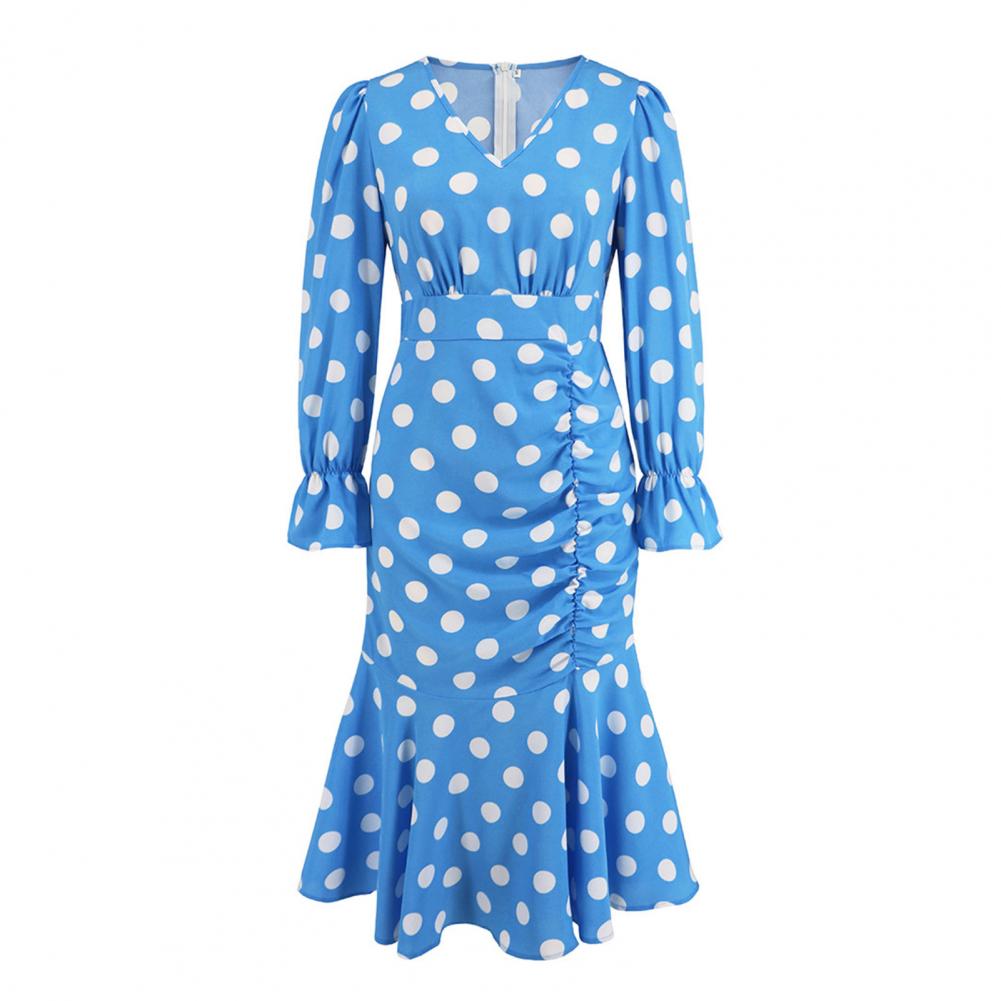 

Женское платье в горошек с V-образным вырезом, облегающее, с высокой талией, длинным рукавом, с мягкими плиссированными оборками в стиле пэчворк, застежка-молния сзади, длина до середины бедра S синий