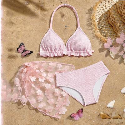 Girls Floral Print Bikini Set Three Piece Swimsuit Halter Top High Waist Bottom with Sheer Cover Up Skirt Swimwear for Kids