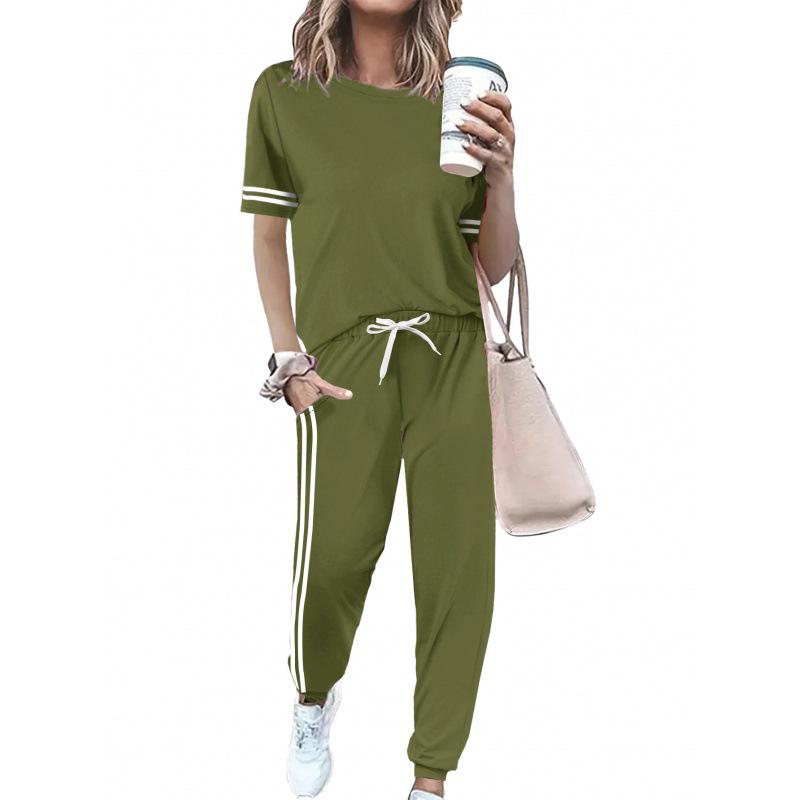 Round Neck Short Sleeve Loose Top & Lace-up Jogger Pants Women's Two-Piece Set