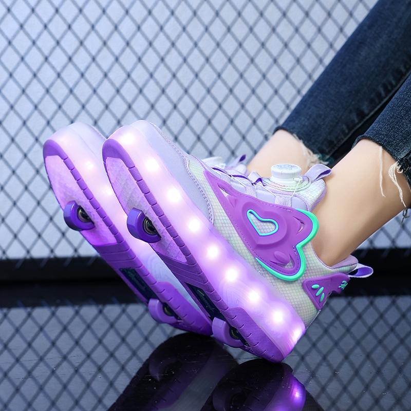Kinder-Sneaker für Mädchen mit zwei Rollen, leuchtend, pink, LED-Licht, Rollschuhe, USB-Ladefunktion