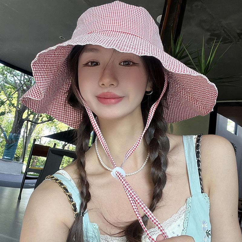 Korean Style Plaid Wide-brimmed Sun Protection Bucket Hat for Women - Spring/Summer Elegant Hiking Accessory with Face-Flattering Design.