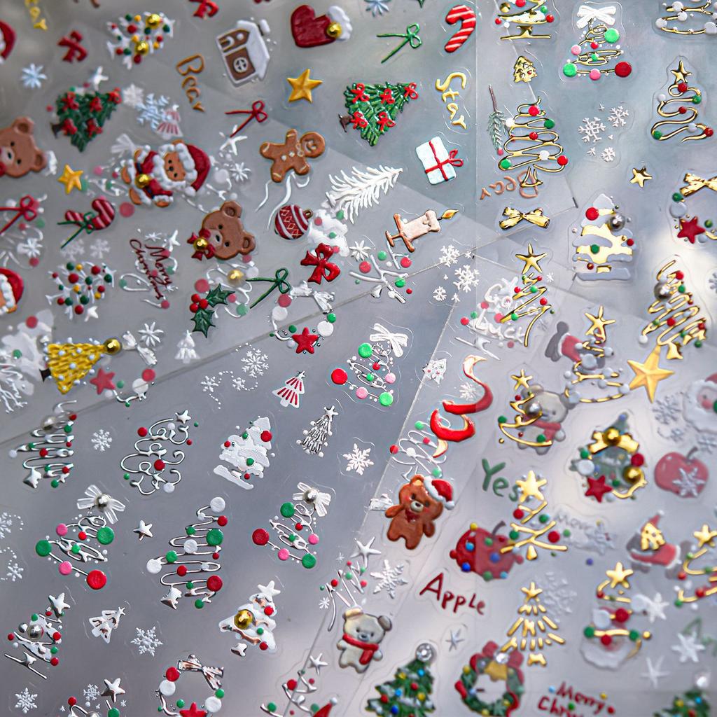 BEPAN Christmas 3D Cartoon Nail Stickers Luxury Crystal Diamond Bear Tree Apple Back Glue Nail Art Stickers DIY New Nails Decorations