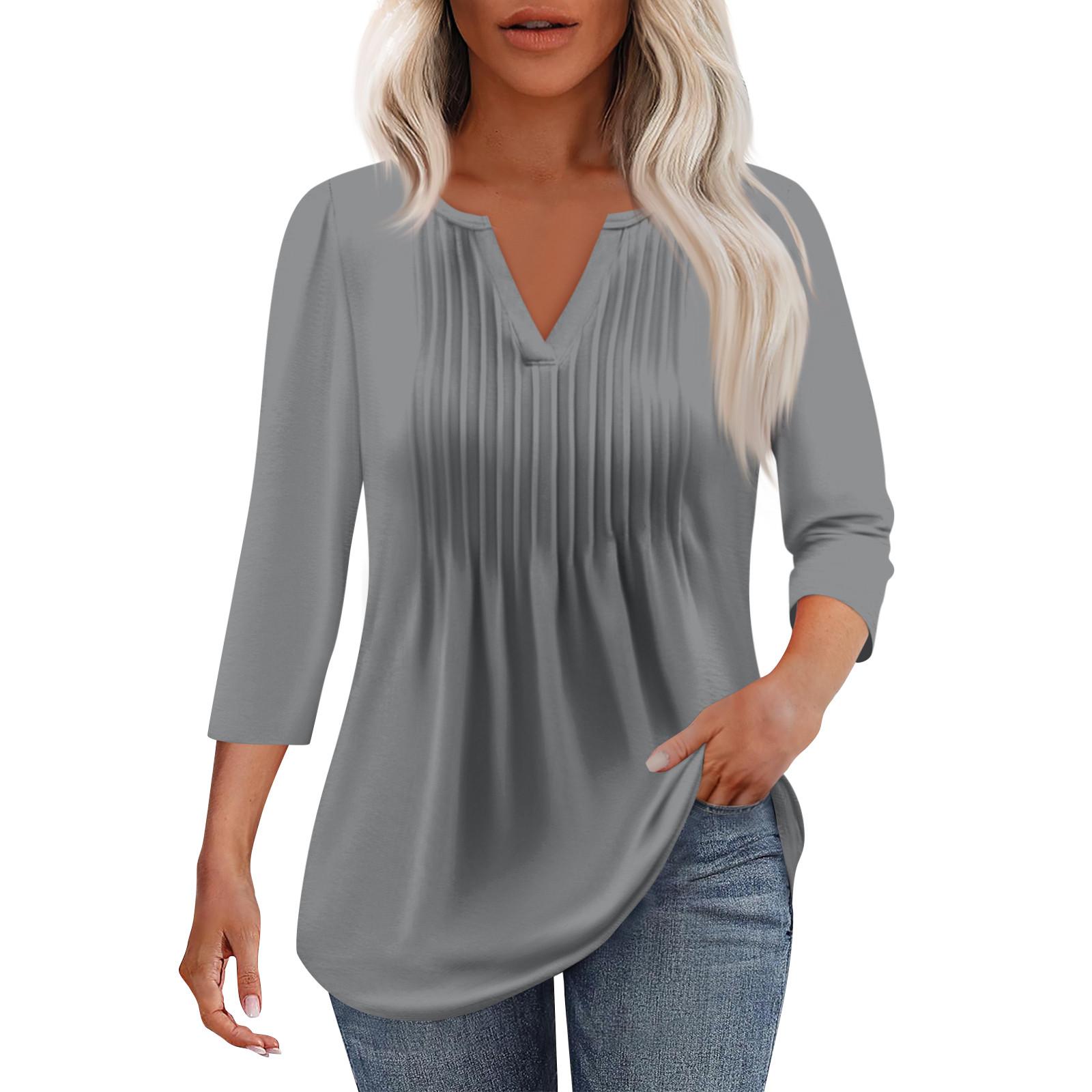 

Женская модная повседневная плиссированная футболка с V-образным вырезом, цветная, с рукавом три четверти L