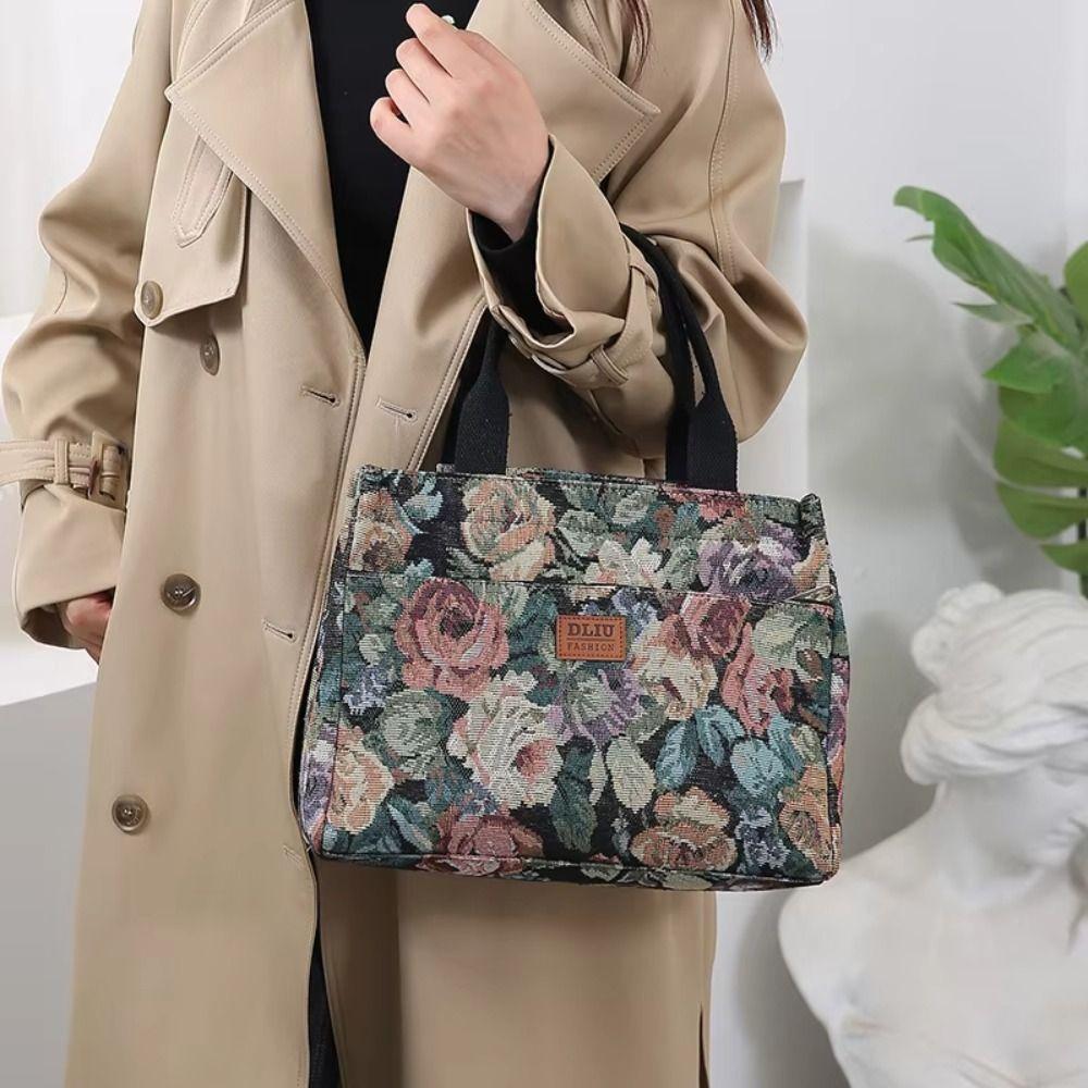 Borsa Tote da Donna con Stampa Floreale Casual Borsa Pranzo in Tela Spessa con Cerniera Grande Capacità Borsa a Mano Jacquard