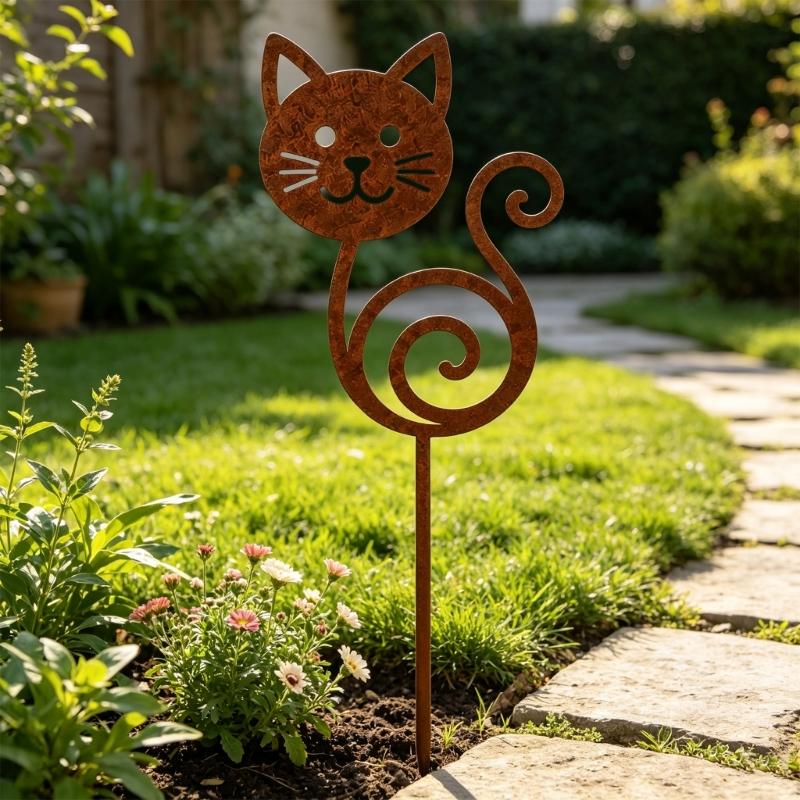 Rusty Animal Yard Stake Decoration for Lawns and Porch Edges, Metal Garden Stake with Weathered Finish and Easy Soil Placement