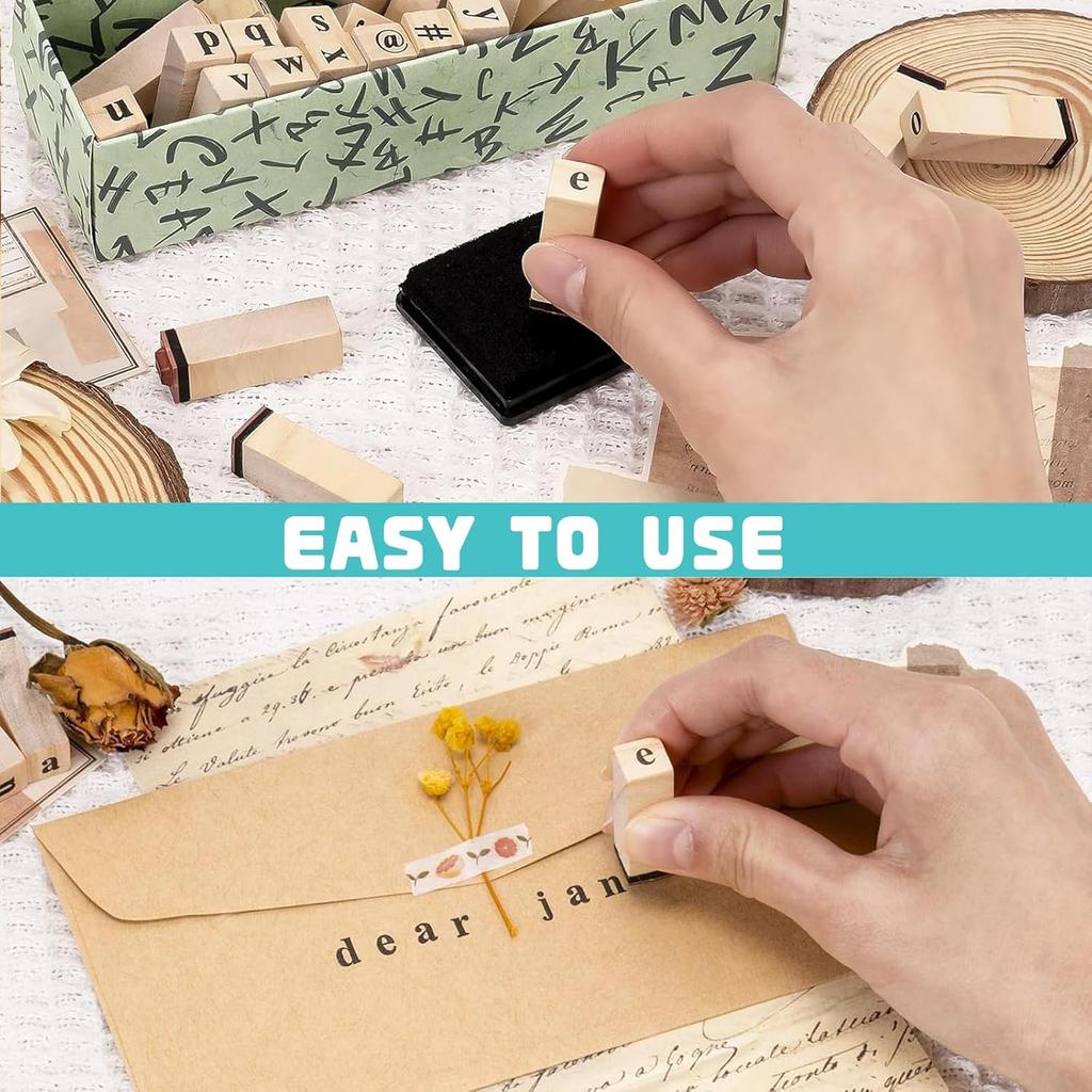 80 Pcs Tampons en Bois pour Lettre, Ensemble de Tampons de Lettres Bois avec Chiffres, Symboles et Tampon Encreur pour DIY Cartes de Vœux/Scrapbooking